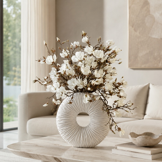 Vase Éternité Beige matt mit Magnolien und Treibholz für stilvolle Innenräume | Lichtvella