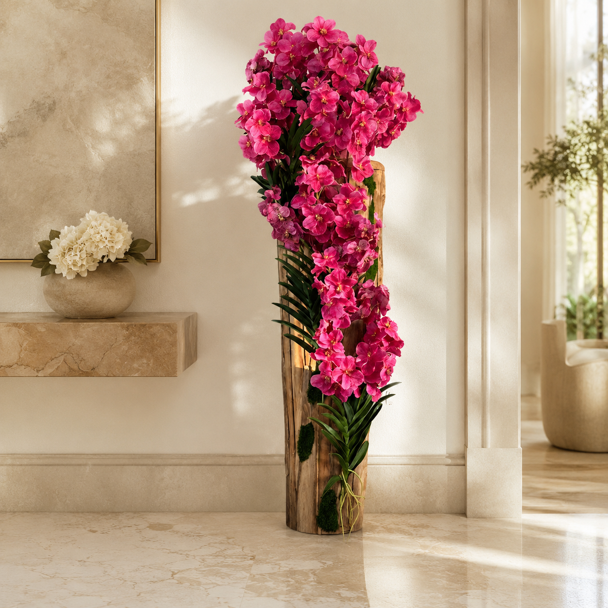 Teakvase mit Naturkante und rosa Vanda-Orchideen für stilvolle Innenräume | Lichtvella