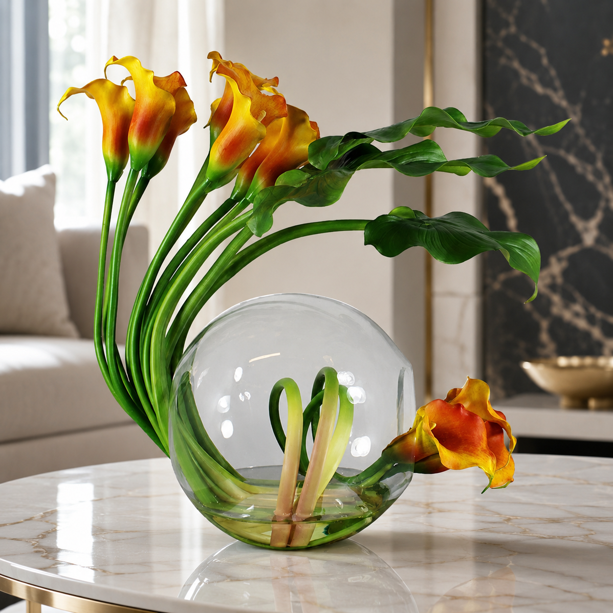 Mangofarbene Callas in Vase Crosswinds für stilvolle Innenräume | Lichtvella