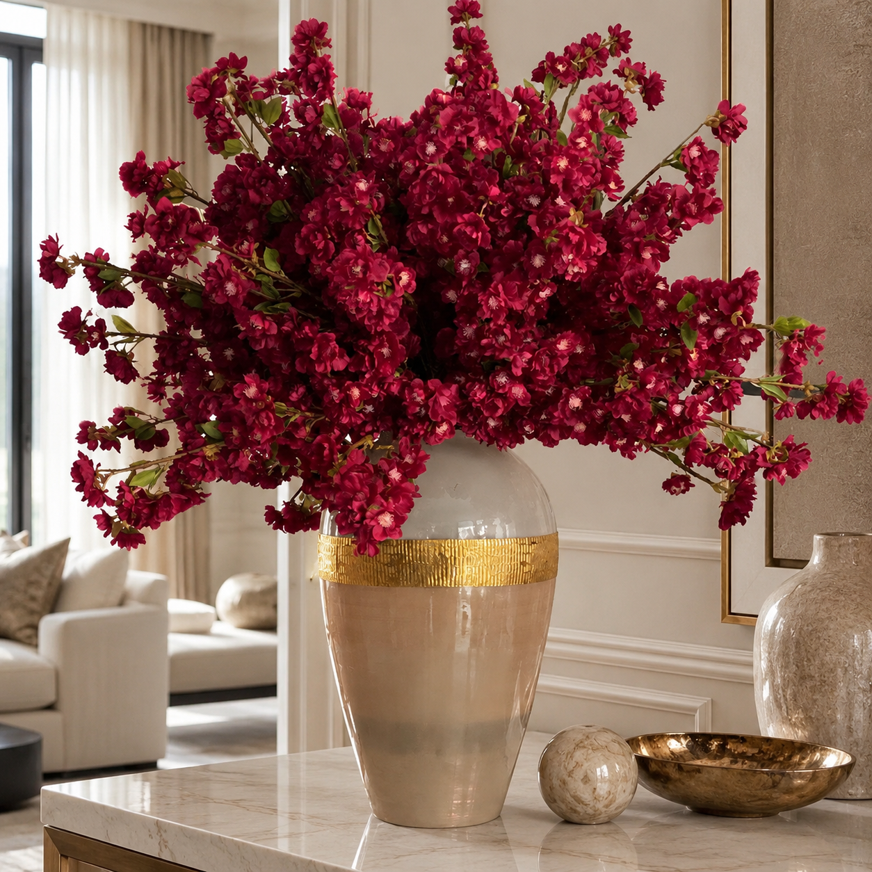 Vase Göttin mit burgunderroten Kirschblüten für stilvolle Innenräume | Lichtvella