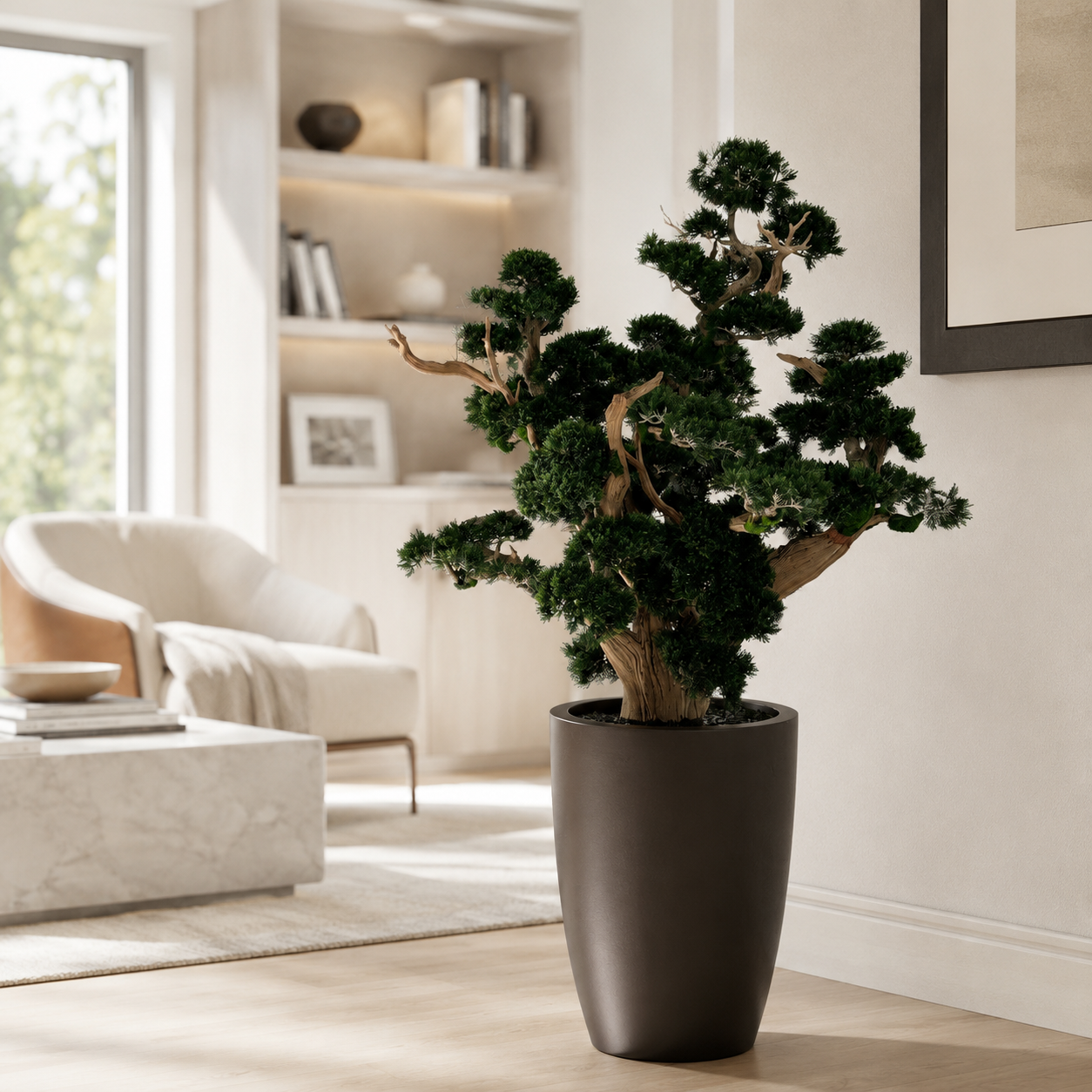 Großformatiger Bonsai in Übertopf Brannan Braun matt für stilvolle Innenräume | Lichtvella