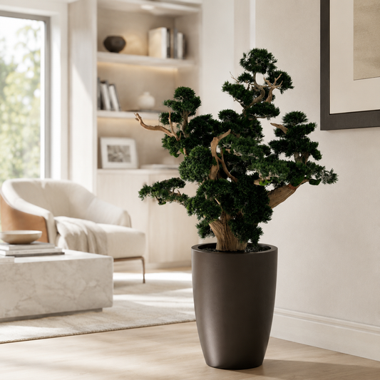 Großformatiger Bonsai in Übertopf Brannan Braun matt für stilvolle Innenräume | Lichtvella