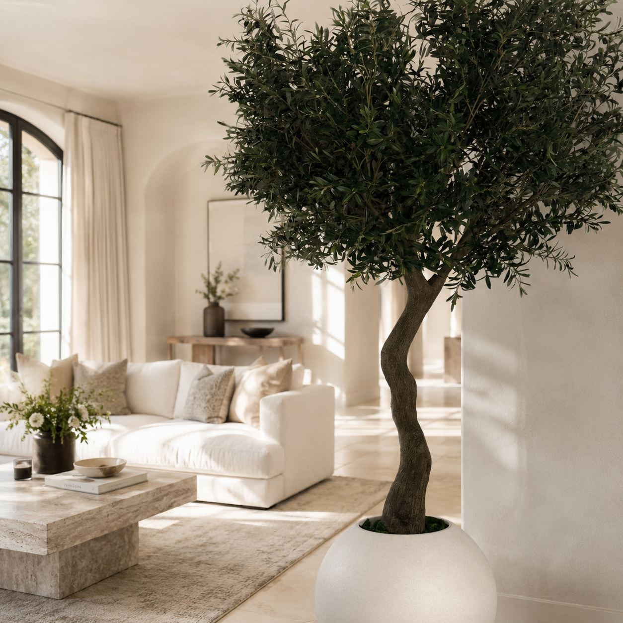 Olivenbaum in Vase Globe Beige matt für stilvolle Innenräume | Lichtvella
