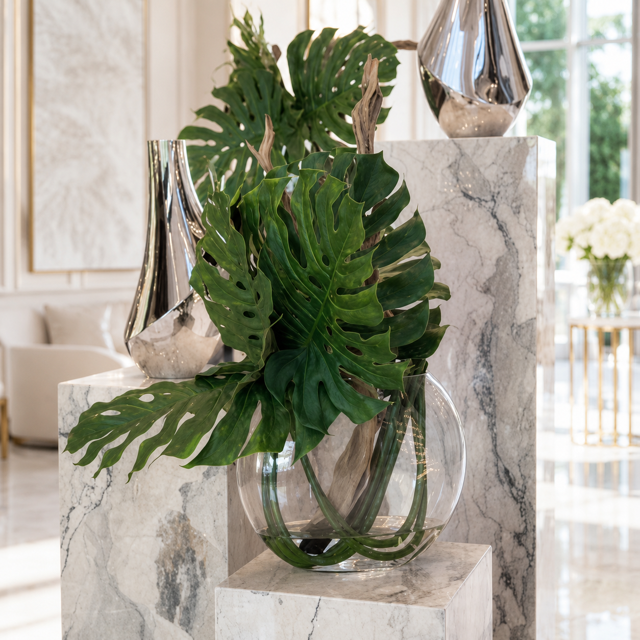 Monstera mit Treibholz in Vase Luna für stilvolle Innenräume | Lichtvella