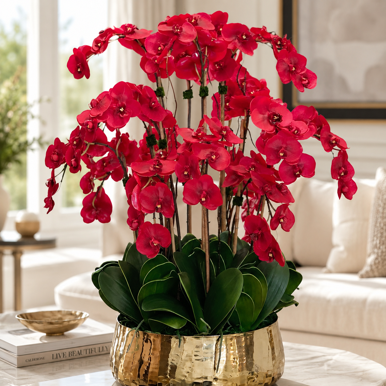 Rote Phalaenopsis-Orchideen in mittelgroßem goldenem Übertopf für stilvolle Innenräume | Lichtvella