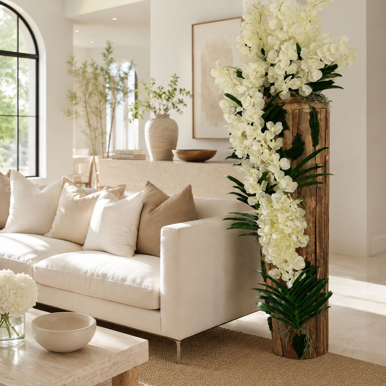 Teakvase mit Naturkante und weißen Vanda-Orchideen für stilvolle Innenräume | Lichtvella